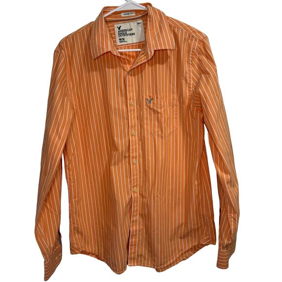 American Eagle Orange and White Men's Striped Button Down Size M - Picture 1 of 7